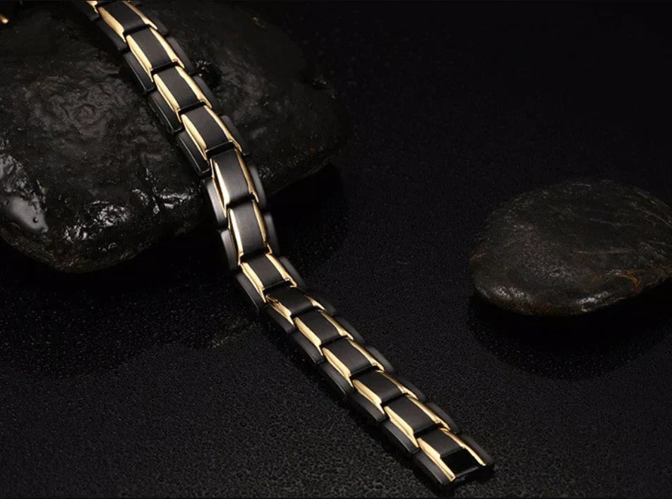 Unisex magnetic health bracelet worn on a wrist, offering stylish wellness & effective pain relief therapy.