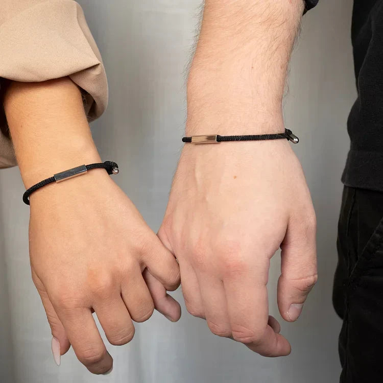 Unisex Magnetic Love Bracelets Aurora Couples Set, black cord, symbolic connection for partners. Trendy relationship gift.