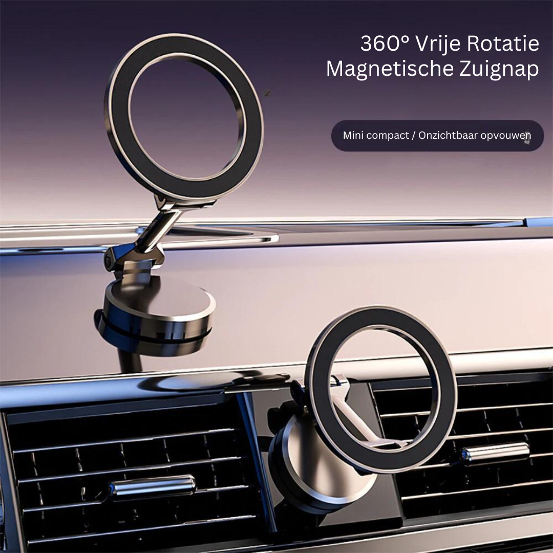Smartphone car mount with strong magnet and heavy metal base, providing secure grip for all phone types