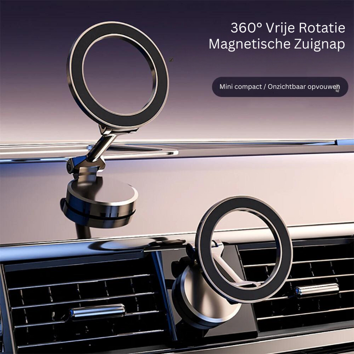 Smartphone car mount with strong magnet and heavy metal base, providing secure grip for all phone types