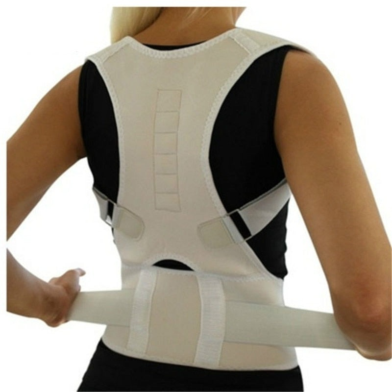 Magnetic back brace for posture correction, featuring pain-relieving magnets for optimal spinal support.