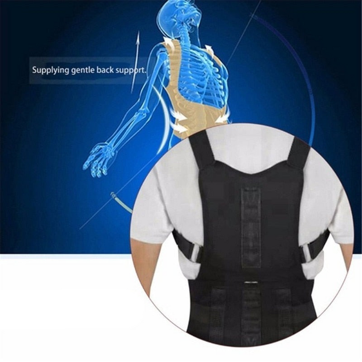 Unisex back brace with magnetic therapy for pain relief; adjustable posture corrector for men & women.