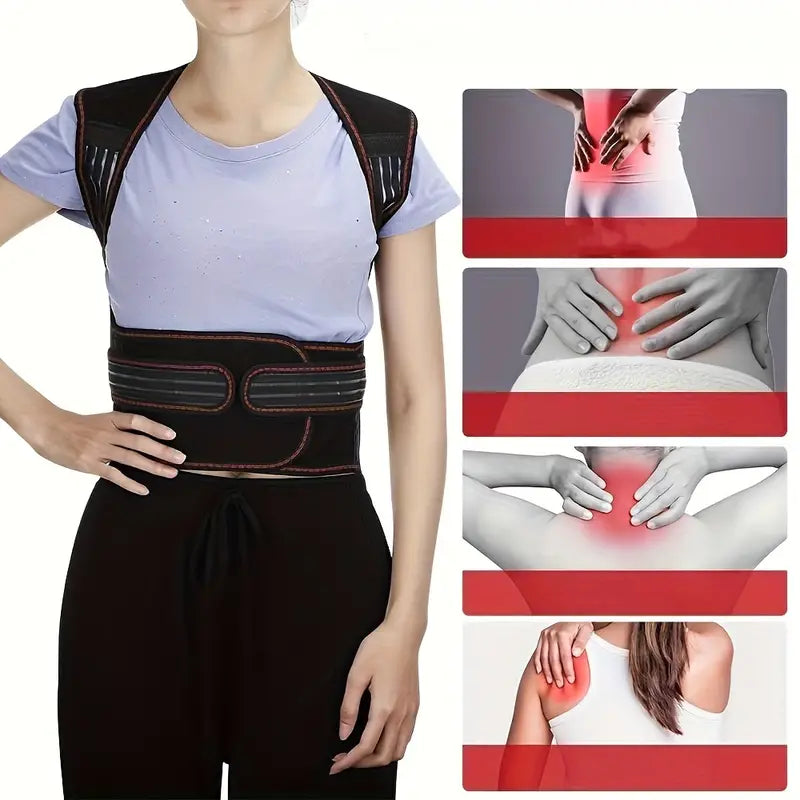 Adjustable unisex back brace with magnetic therapy for pain relief and improved posture.