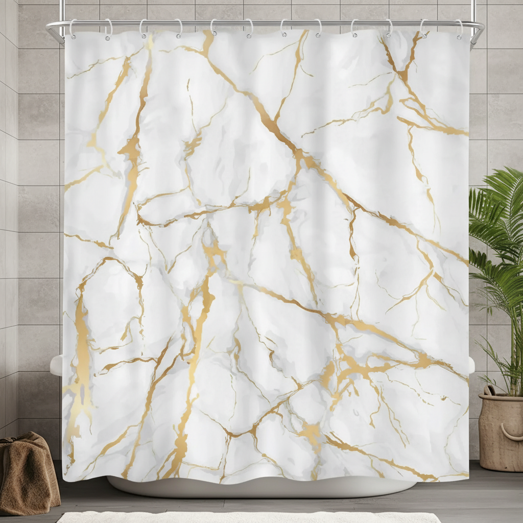 Unisex MarbleLuxor waterproof shower curtain with elegant grey marble pattern for modern bathroom decor.