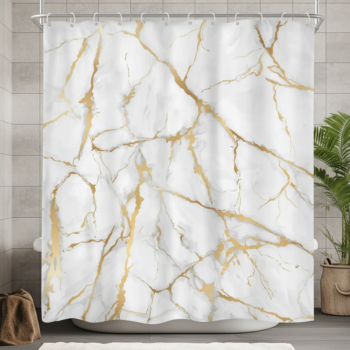 Unisex MarbleLuxor waterproof shower curtain with elegant grey marble pattern for modern bathroom decor.