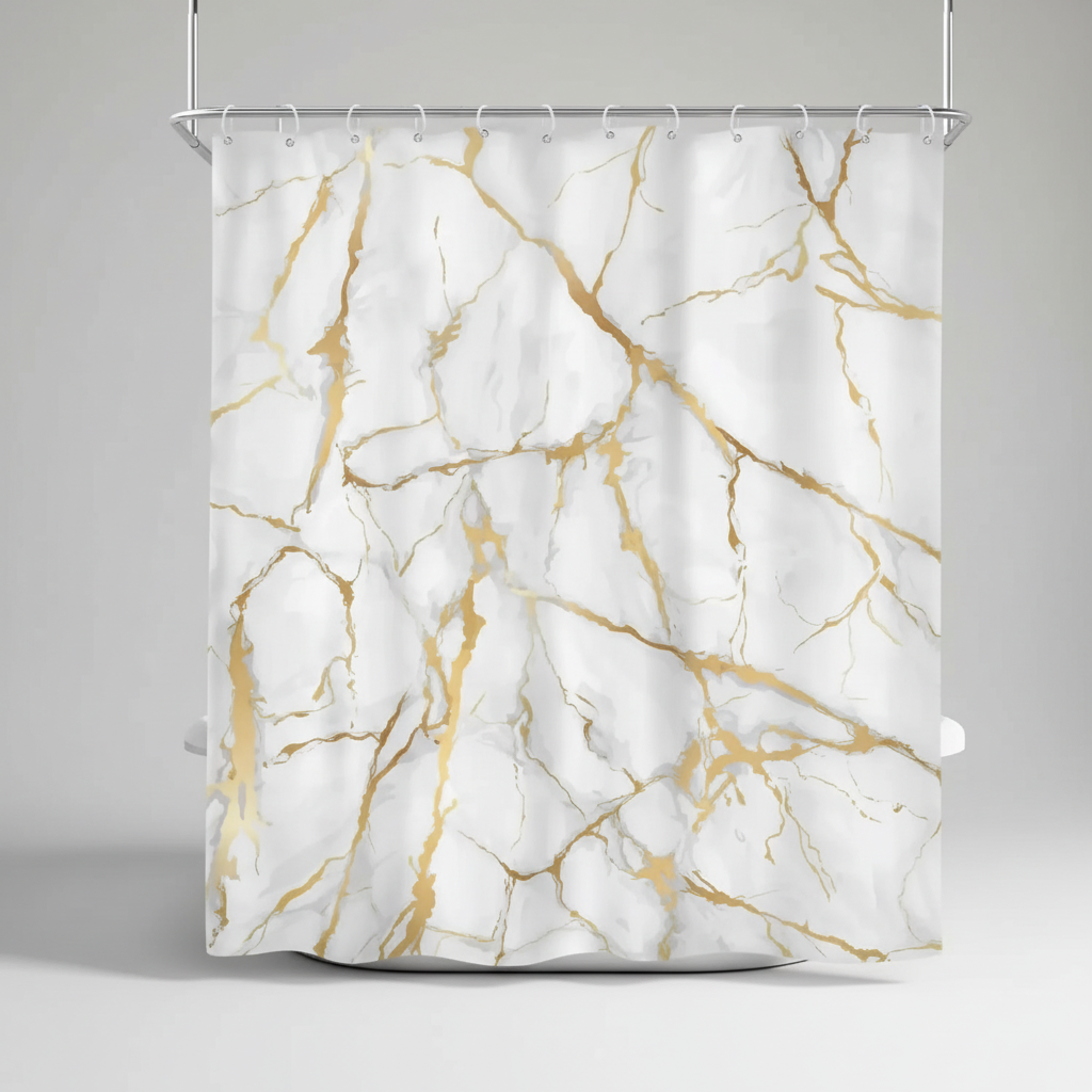 Close-up of a MarbleLuxor shower curtain showing its detailed grey marble print, perfect for luxury bathrooms.