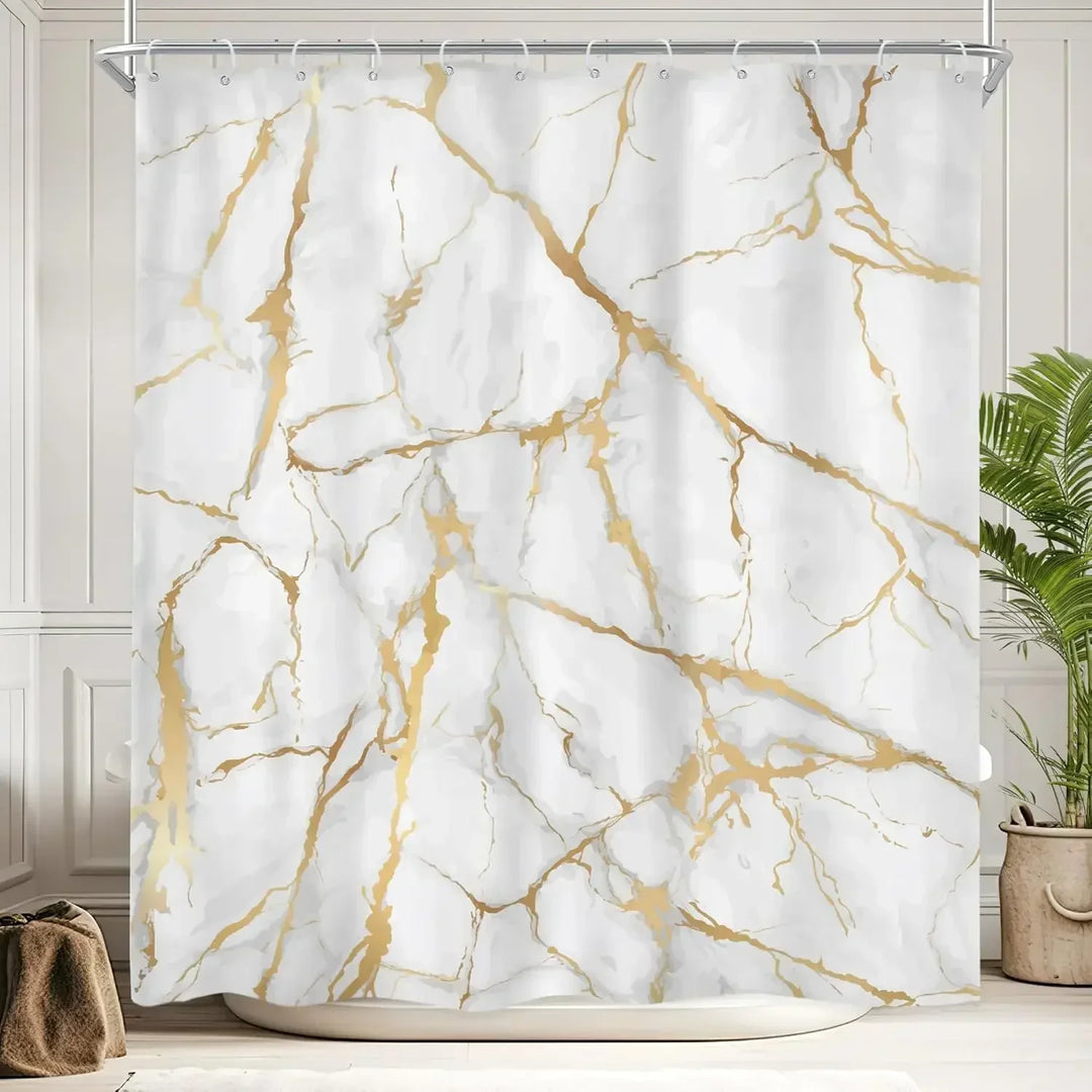 Full view of a MarbleLuxor marble pattern shower curtain, ideal for enhancing any modern bathroom's aesthetic.