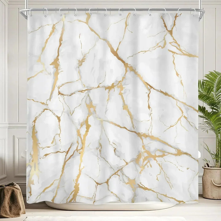 Full view of a MarbleLuxor marble pattern shower curtain, ideal for enhancing any modern bathroom's aesthetic.