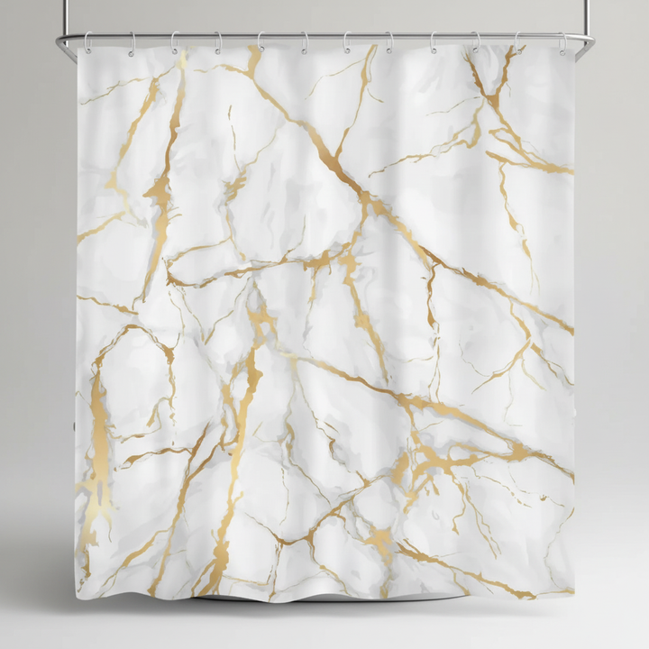 Modern bathroom featuring a MarbleLuxor marble pattern shower curtain, creating a sophisticated and clean look.