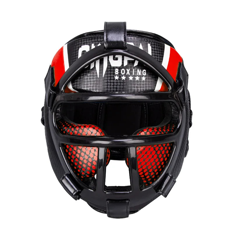 Durable unisex martial arts head protection with integrated face shield ensures safety during intense sparring sessions.