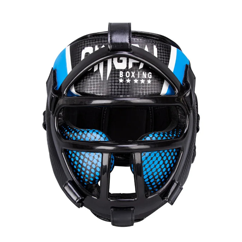 Side view of FightGuard martial arts head protection, showing secure fit & wide-view face shield for sparring safety.