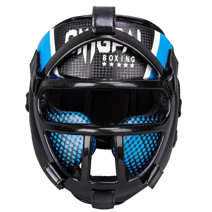 Comfortable unisex martial arts head protection, designed with a secure face shield for maximum safety in combat sports.