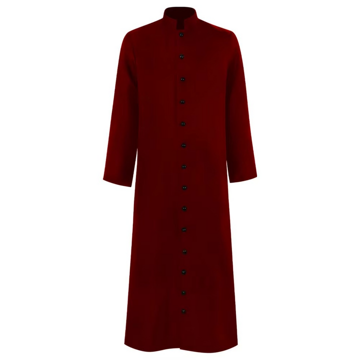 Dramatic full-length unisex medieval wizard robe costume with deep hood for fantasy cosplay & Halloween party.
