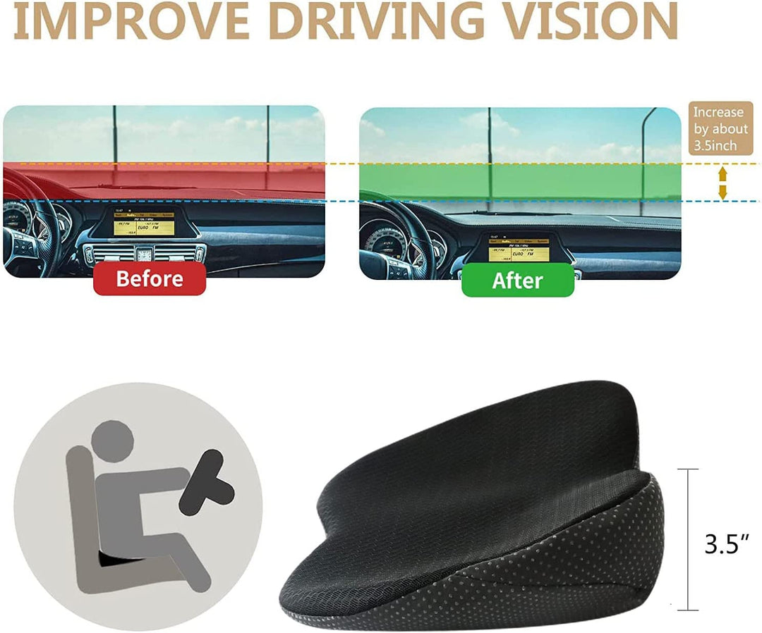 Shorter driver seat pad: memory foam car cushion for enhanced height, comfort, and back support.