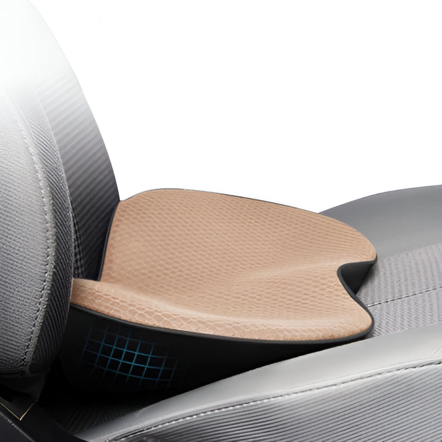 Ergonomic car seat cushion for shorter drivers, providing lumbar & back support for better posture.