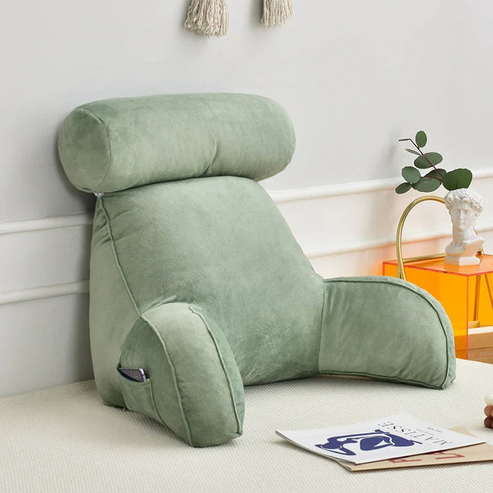 Luxurious reading bed pillow, cozy with arm and back support, featuring soft memory foam for relaxation.