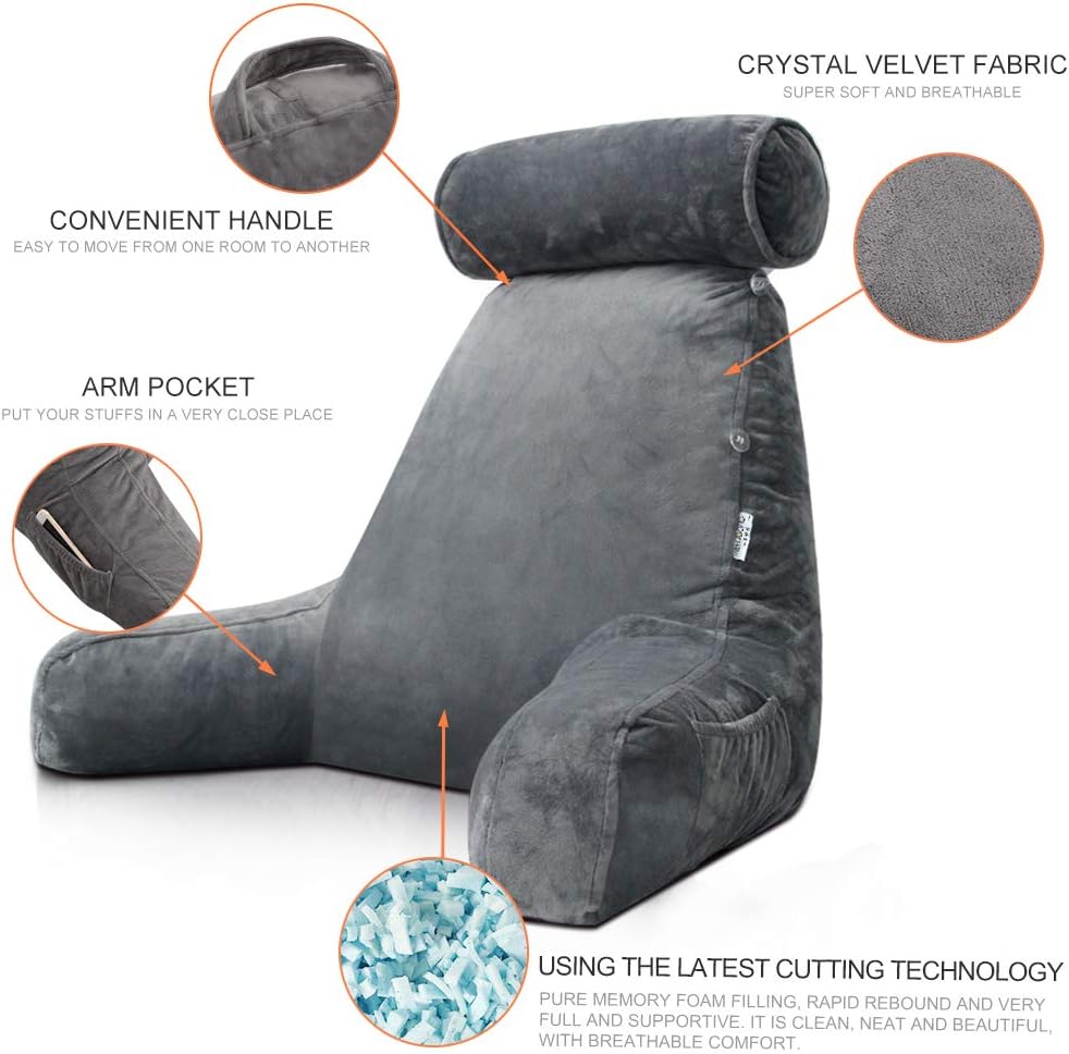 Cozy reading bed pillow featuring plush arm support, ideal for relaxed lounging and TV watching.
