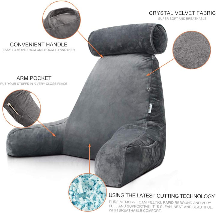 Cozy reading bed pillow featuring plush arm support, ideal for relaxed lounging and TV watching.