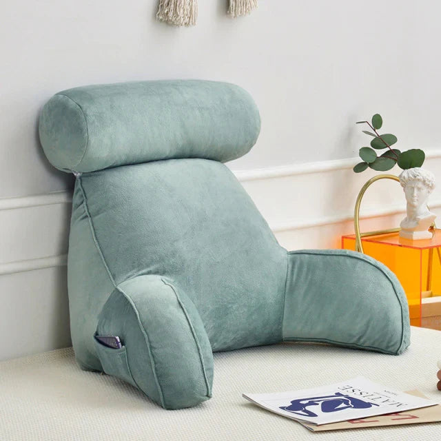 Supportive reading bed pillow with arm and back support, promoting good posture and lasting comfort.