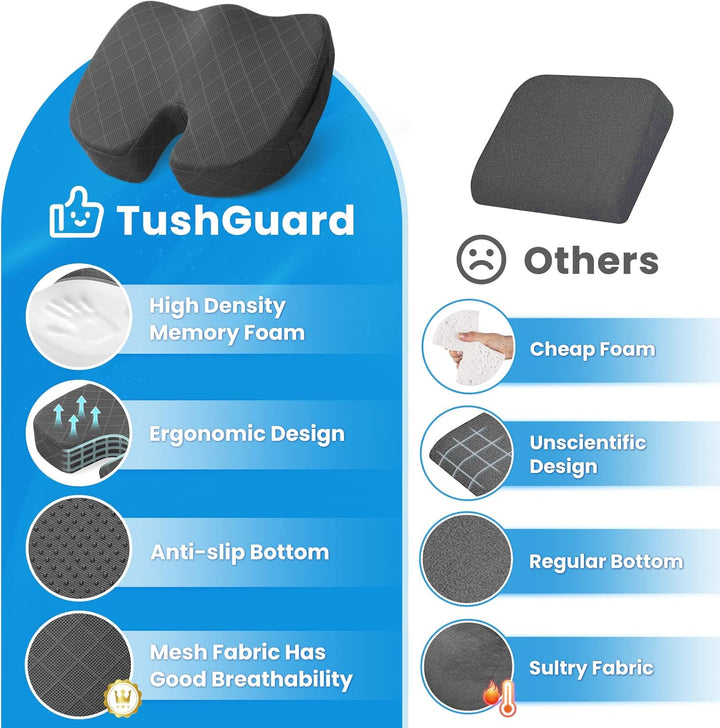 Memory foam chair pad for prolonged sitting, providing comfort and pain management