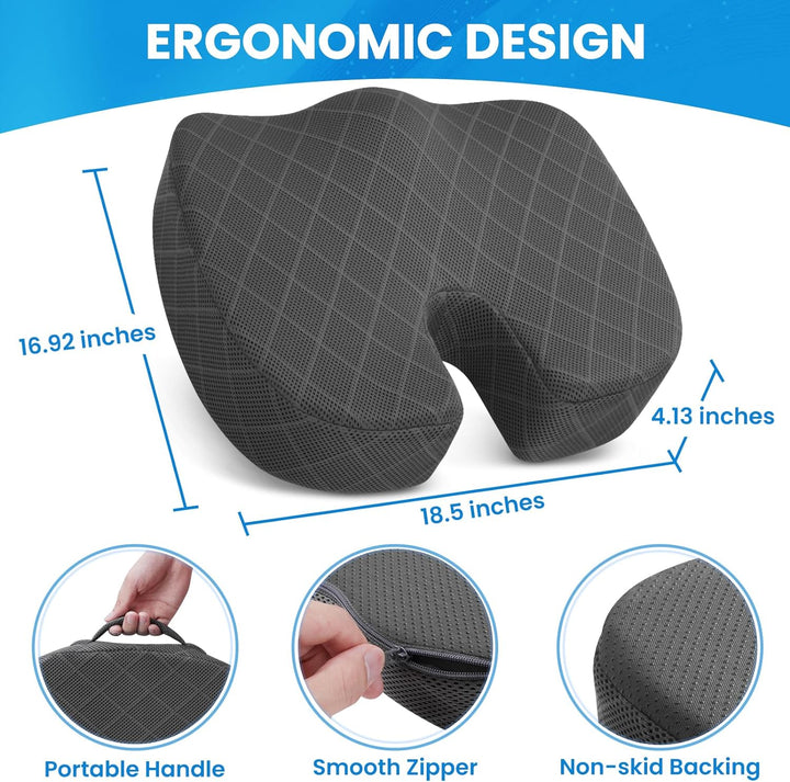 Ergonomic memory foam seat cushion designed for office chair comfort and back support