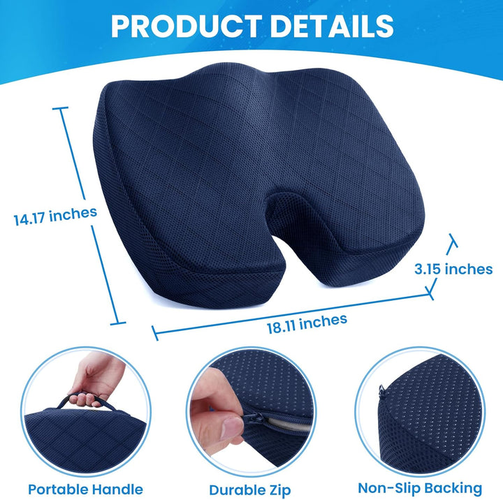 Car seat memory foam cushion providing superior hip support and pain relief on long drives