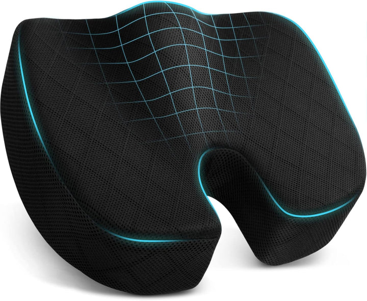 Black memory foam seat cushion, ideal for office and car, offering chronic pain relief