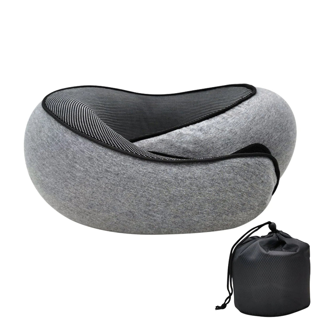 Navy blue memory foam travel neck pillow for airplane & car. Ergonomic neck support ensures comfortable journeys.