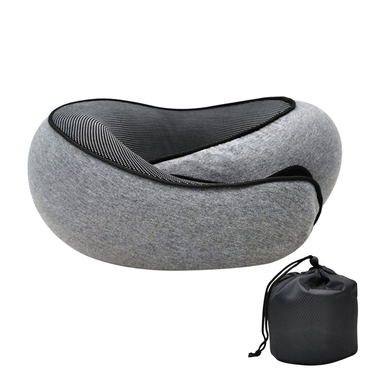 Navy blue memory foam travel neck pillow for airplane & car. Ergonomic neck support ensures comfortable journeys.