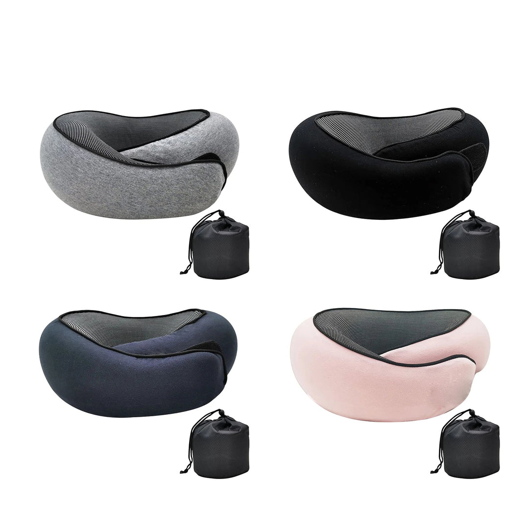 Soft, portable memory foam travel pillow in gray, offering superior neck support & comfort for all travelers.