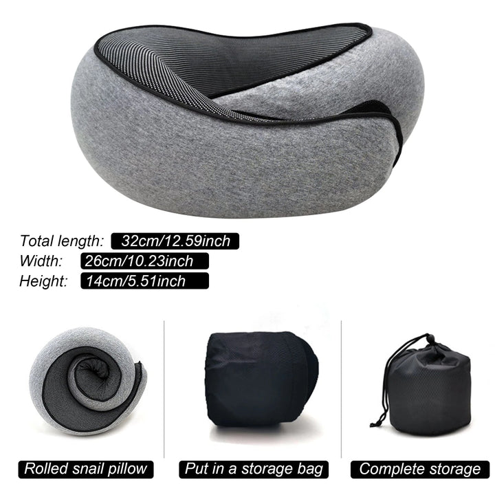 Portable memory foam travel neck pillow in black, providing soft, ergonomic neck support for comfortable trips.