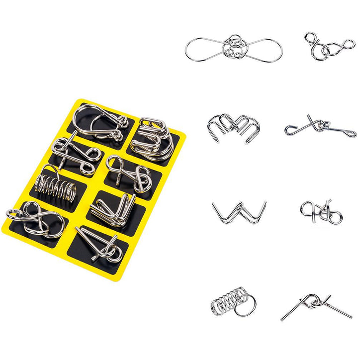Intricate metal puzzle rings offering stress relief and brain-teasing challenges.
