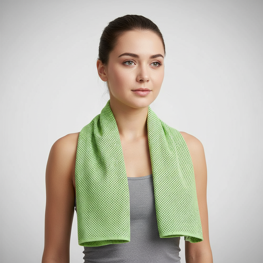 Portable microfiber cooling sports towel, perfect for active lifestyles and hot weather.