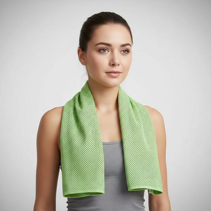 Portable microfiber cooling sports towel, perfect for active lifestyles and hot weather.