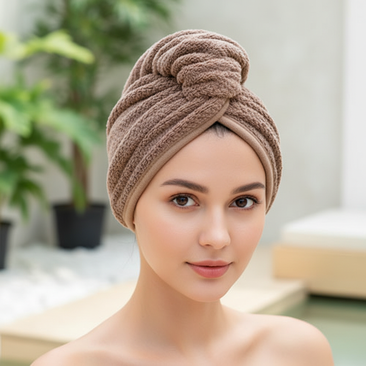 Unisex microfiber hair towel wrap, white, on a clean background, fast drying & frizz control