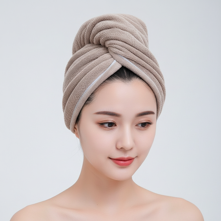 Unisex hair towel wrap, blue, shown on a person with medium-length hair, post-shower