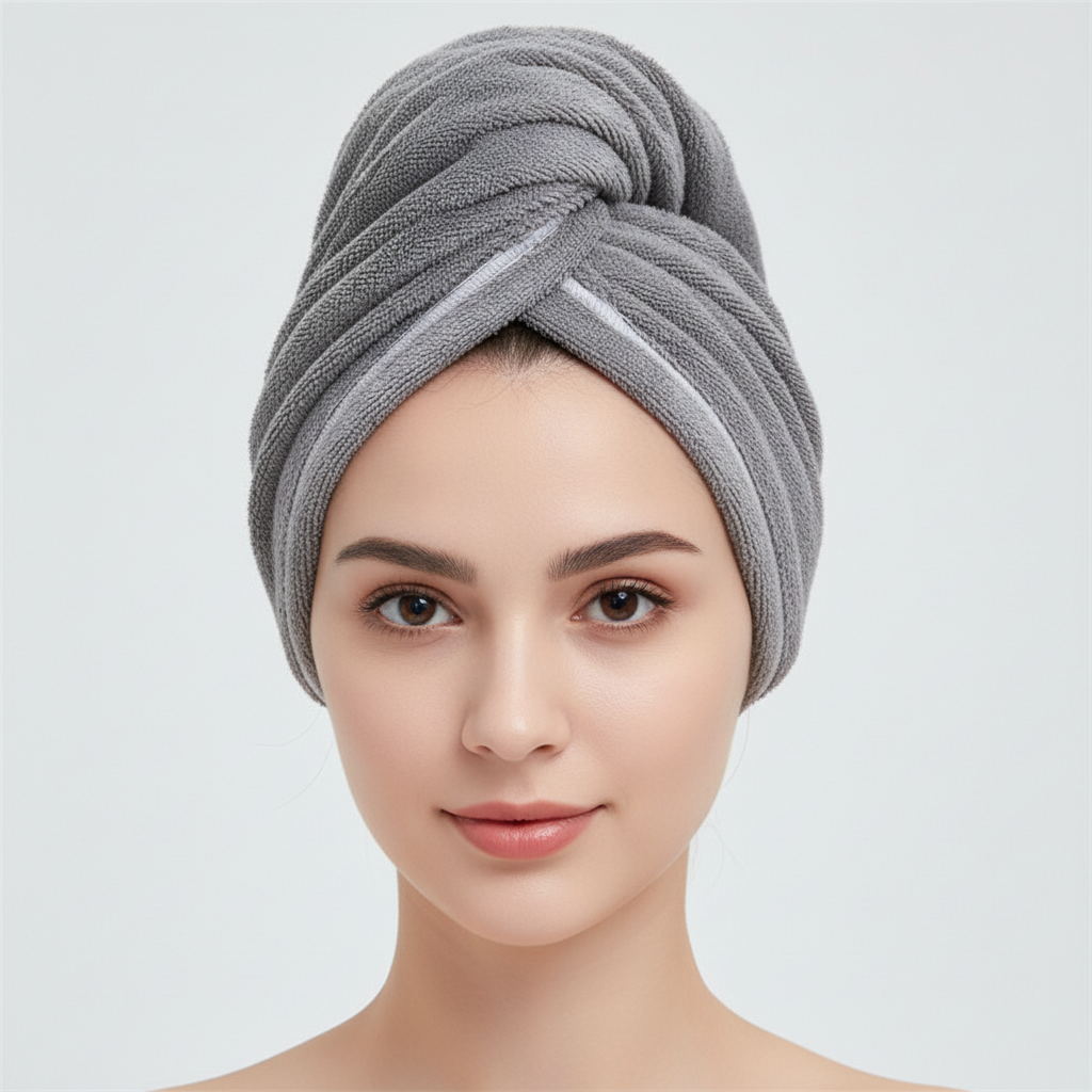 WaterBlock microfiber hair towel wrap, purple, demonstrating its secure button closure
