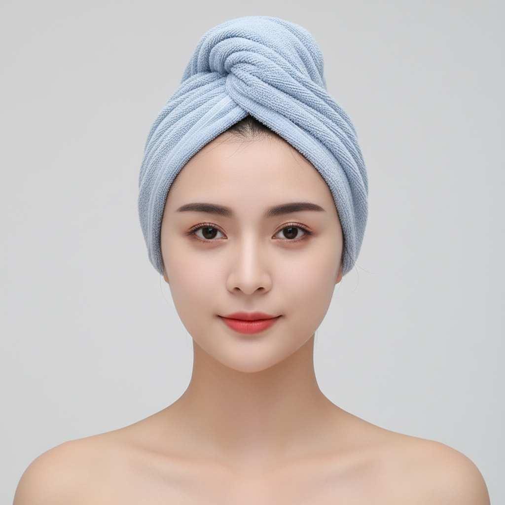 Unisex absorbent hair towel, white, against a blurred bathroom background, hair care essential