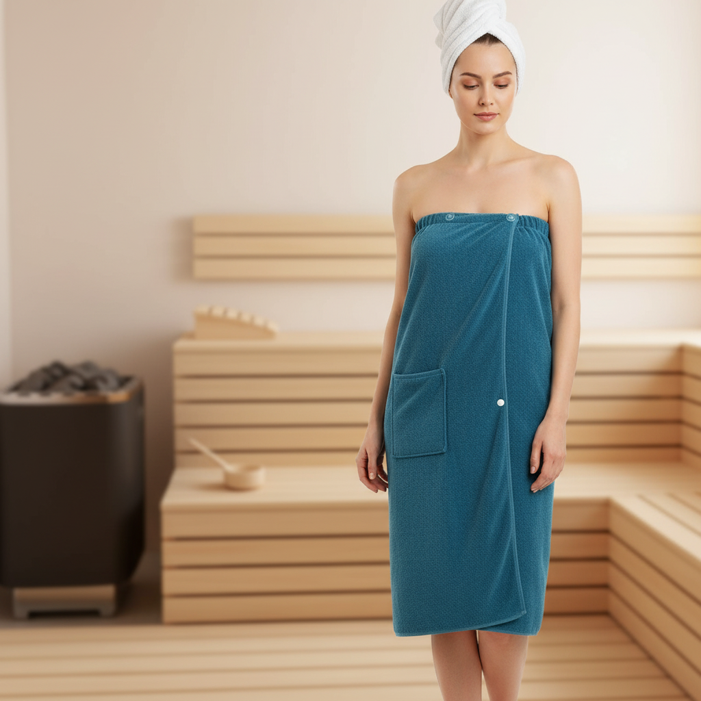 Unisex microfiber spa wrap towel in blue, adjustable and quick-drying, for sauna or bath