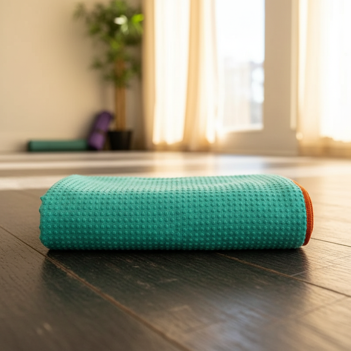 Unisex Microfiber YogaShield yoga towel in blue, non-slip, sweat absorbent for yoga & pilates