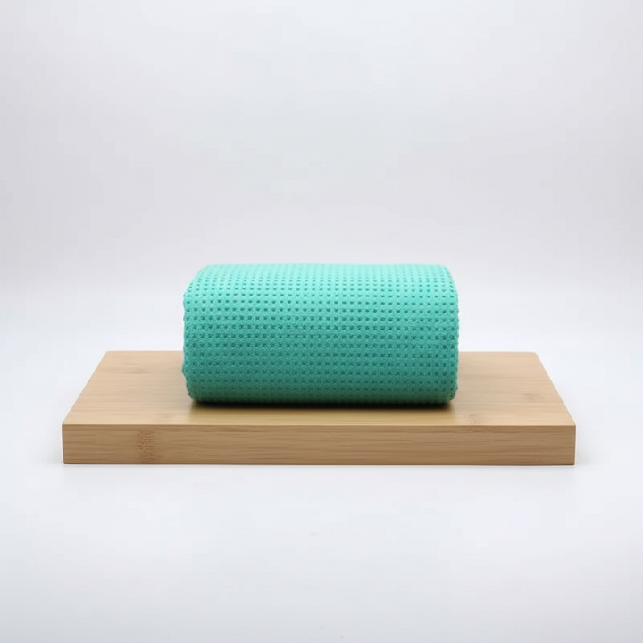 Close-up of textured non-slip microfiber yoga towel, ideal yoga accessories & fitness mat layer