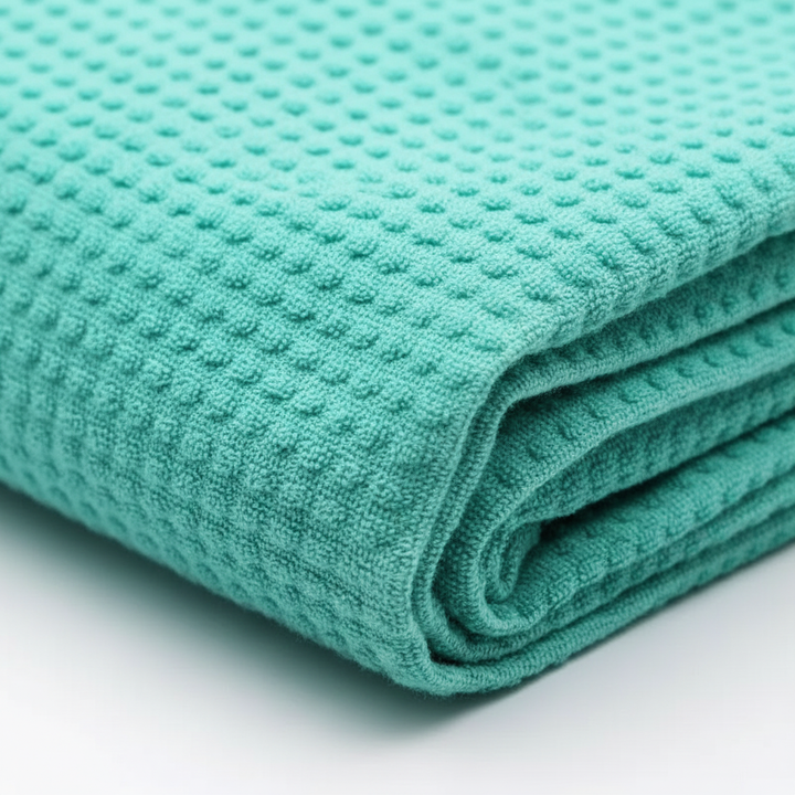 Rolled up YogaShield microfiber yoga towel, portable and sweat absorbent workout gear