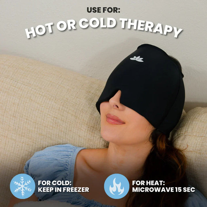 Person wearing MigraCalm™ mask for soothing migraine and headache relief.
