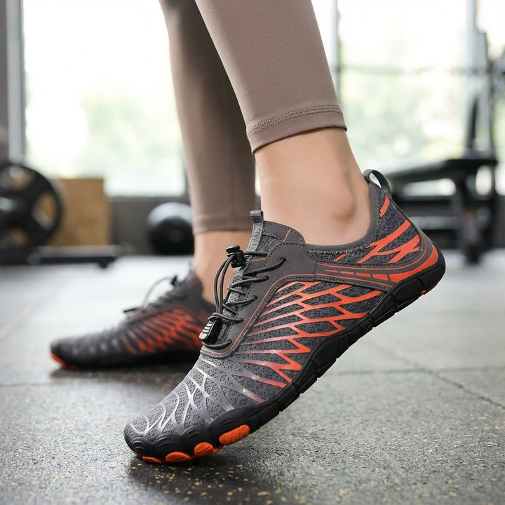 Unisex minimalist barefoot mesh shoes in black, front view, flexible sole, wide toe box