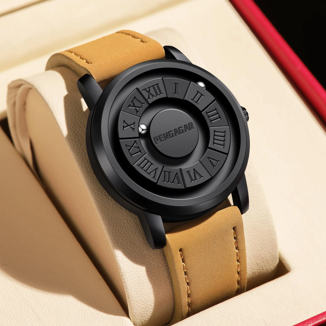 Unisex minimalist black watch with unique magnetic display & elegant Roman numerals. Modern stainless steel timepiece.