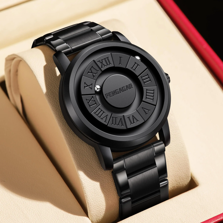 Black minimalist unisex watch, innovative magnetic display, and elegant Roman numerals. Stainless steel modern timepiece.