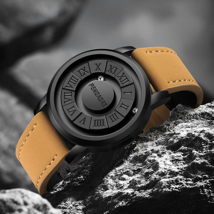 Elegant unisex brown watch featuring a sophisticated magnetic display & minimalist Roman numerals. Modern timepiece.