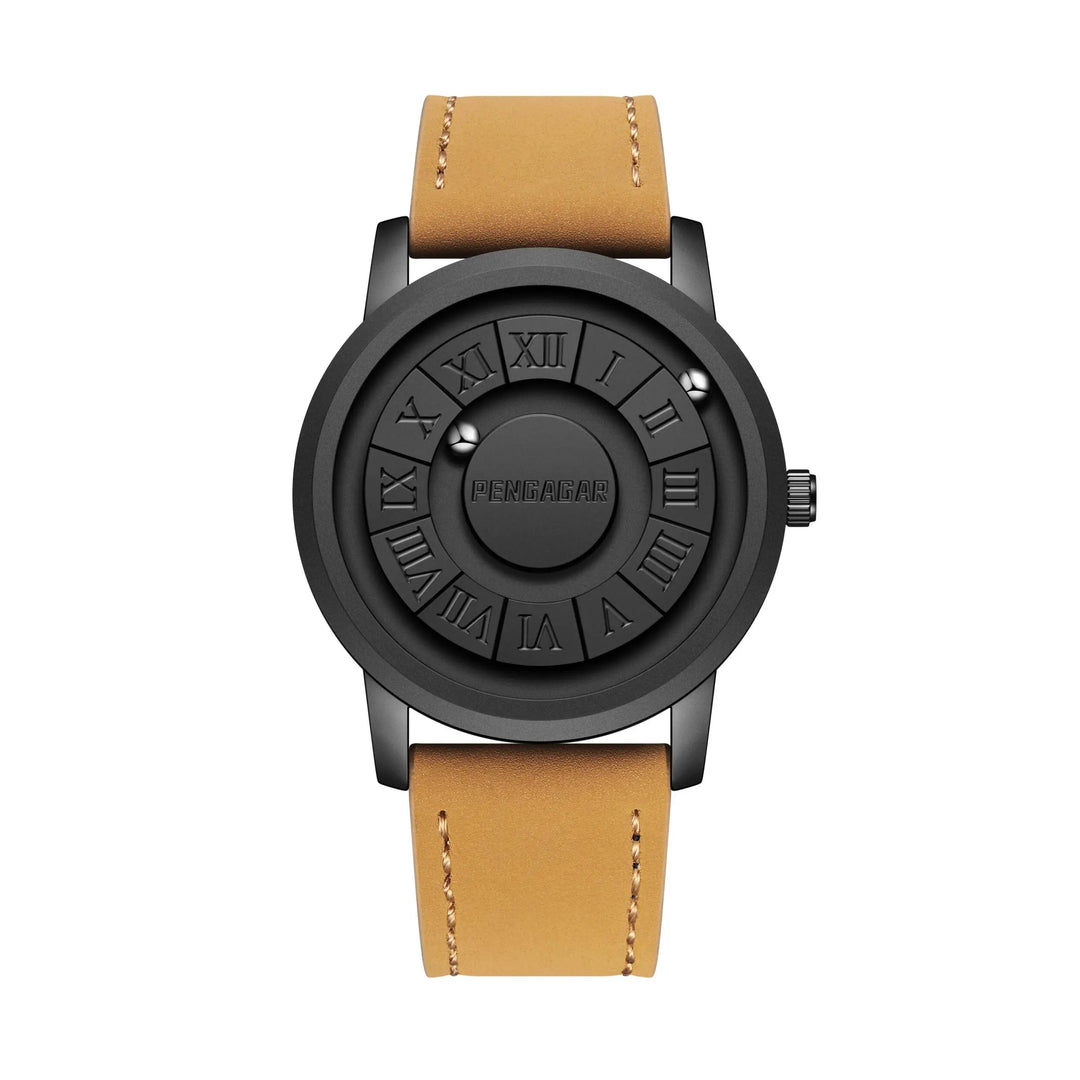 Stylish unisex watch with a unique magnetic time display, elegant Roman numerals, & sleek minimalist design. Brown strap.