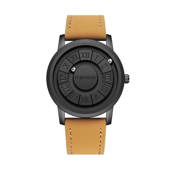 Stylish unisex watch with a unique magnetic time display, elegant Roman numerals, & sleek minimalist design. Brown strap.