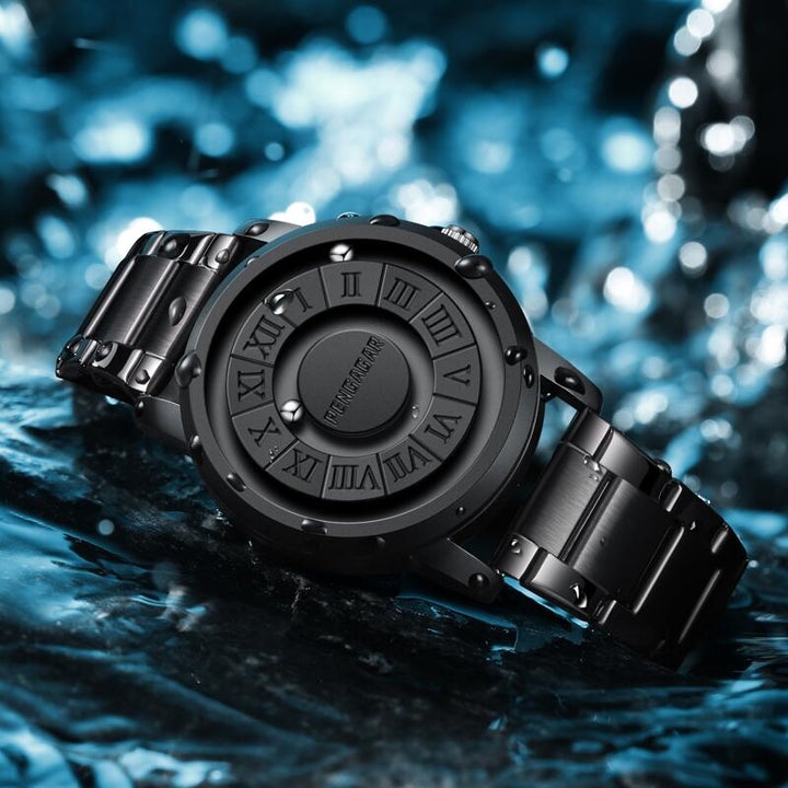 Contemporary unisex timepiece, black dial, magnetic display, and sophisticated Roman numerals. Elegant minimalist watch.